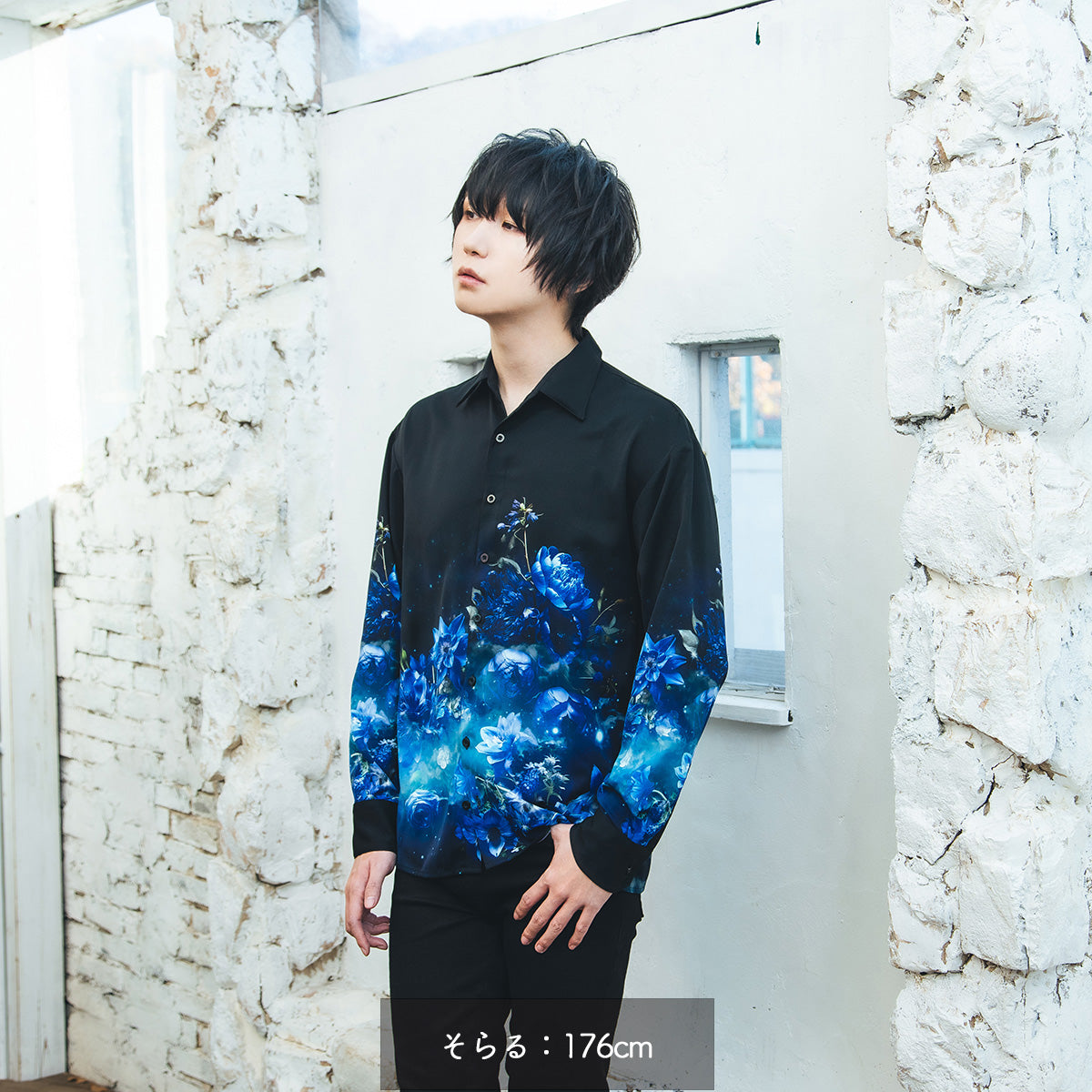 cielkocka】星空の花束シャツ（BLACK／BLUE）